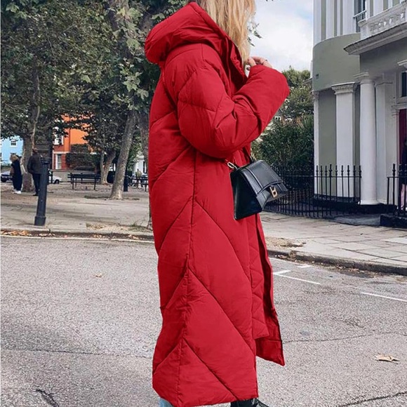 Jackets & Blazers - Red Quilted Hooded Long Coat women thick winter snow ski jacket
